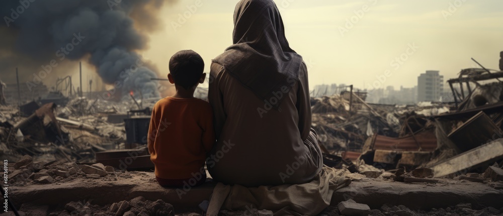 Woman and child sitting amid destruction. War aftermath and hope.