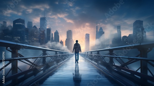 A Person Walking Across a Wobbly Bridge, Signify navigating through uncertain times in business photo