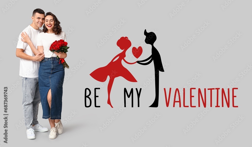 Banner with happy young couple and text BE MY VALENTINE on grey background Banner with happy young couple and text BE MY VALENTINE on grey background