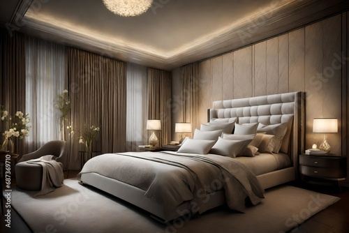 An elegant bedroom with luxurious linens  softly lit by bedside lamps  creating a haven of tranquillity and sophistication.