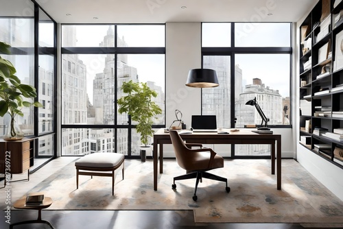 A chic home office with windows, providing a serene workspace adorned with curated artwork and modern design elements.