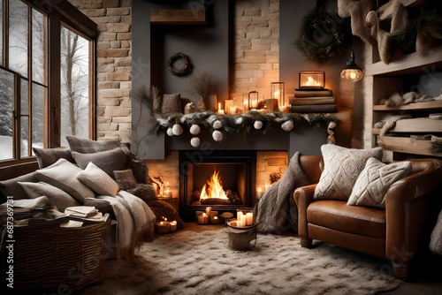 A cozy fireplace corner, adorned with plush cushions and soft throws, inviting warmth into a tastefully decorated winter retreat.