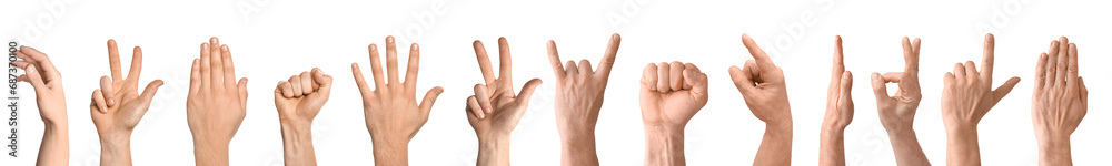 Collage of gesturing male hands on white background Collage of gesturing male hands on white background