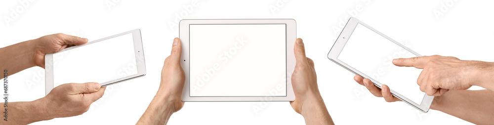 Collage of male hands with modern tablet computer on white background - obrazy, fototapety, plakaty 