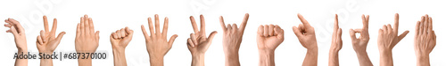 Collage of gesturing male hands on white background