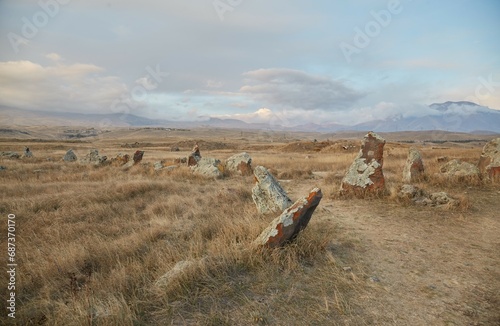 The mysteries stone circle of Karahunj in souther Armenia, one of the world's oldest astronomical observatories photo