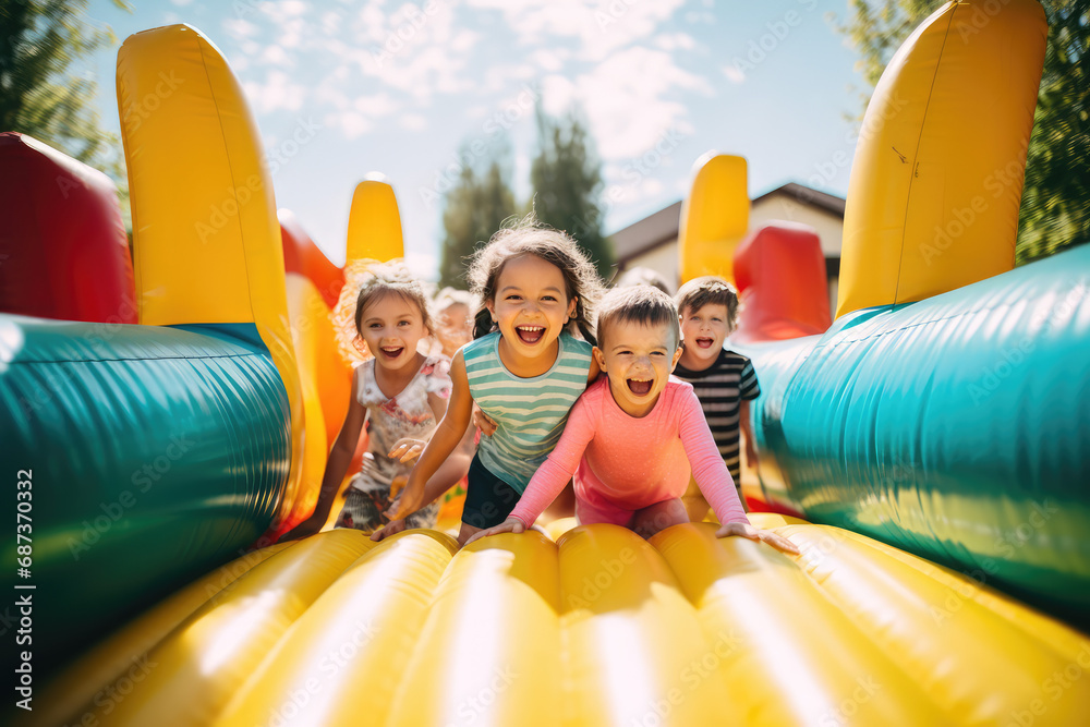 happy Kids on the inflatable bounce house - obrazy, fototapety, plakaty 