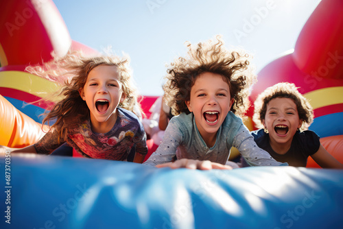 happy Kids on the inflatable bounce house photo