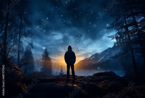 Calm Midnight adventures, Long exposure shot of a man staring up into the night sky © Debi Kurnia Putra