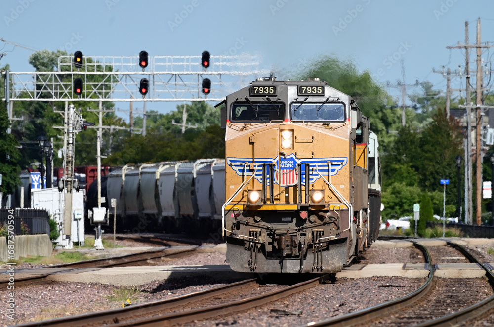 A Union Pacific Railroad freight train passing through a Chicago
