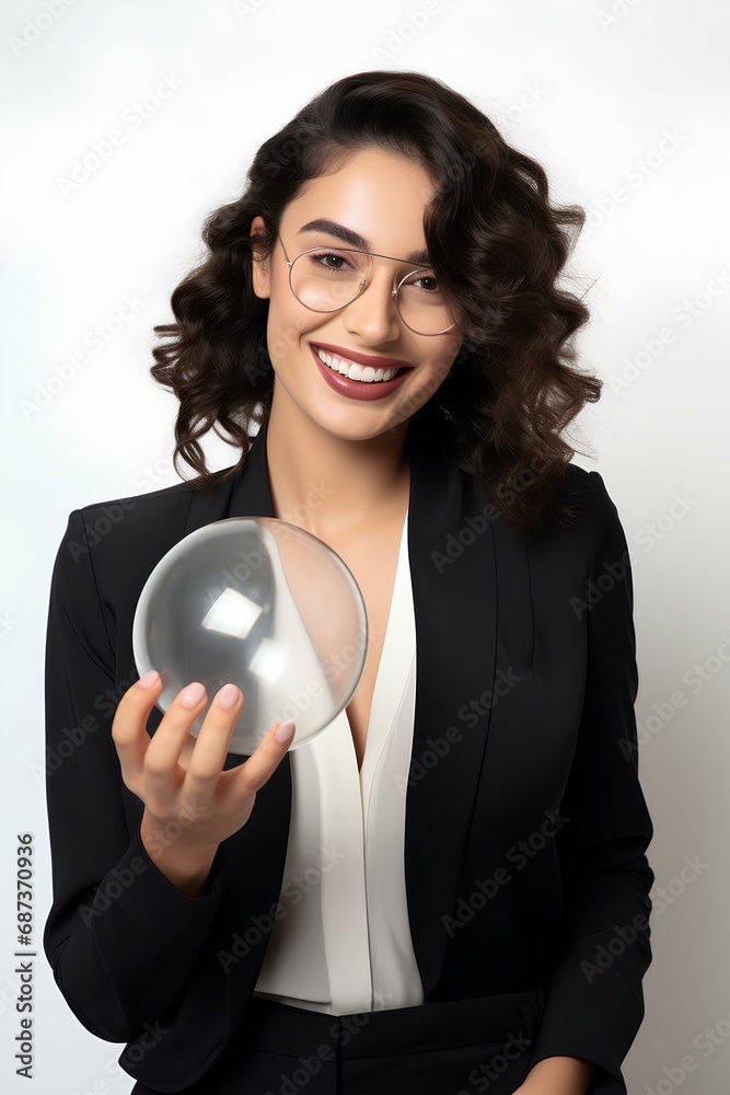 A female entrepreneur smiling with a transparent sphere symbolizing a new idea. a white background. generative AI A female entrepreneur smiling with a transparent sphere symbolizing a new idea. a white background. generative AI