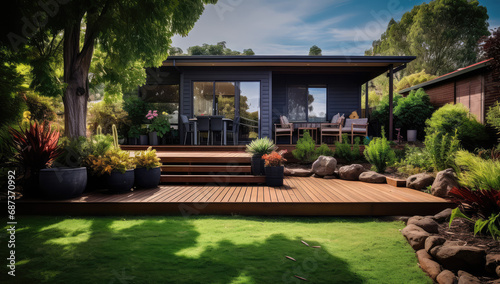 the backyard garden with a wooden deck, grassed area and a roof house © Kien