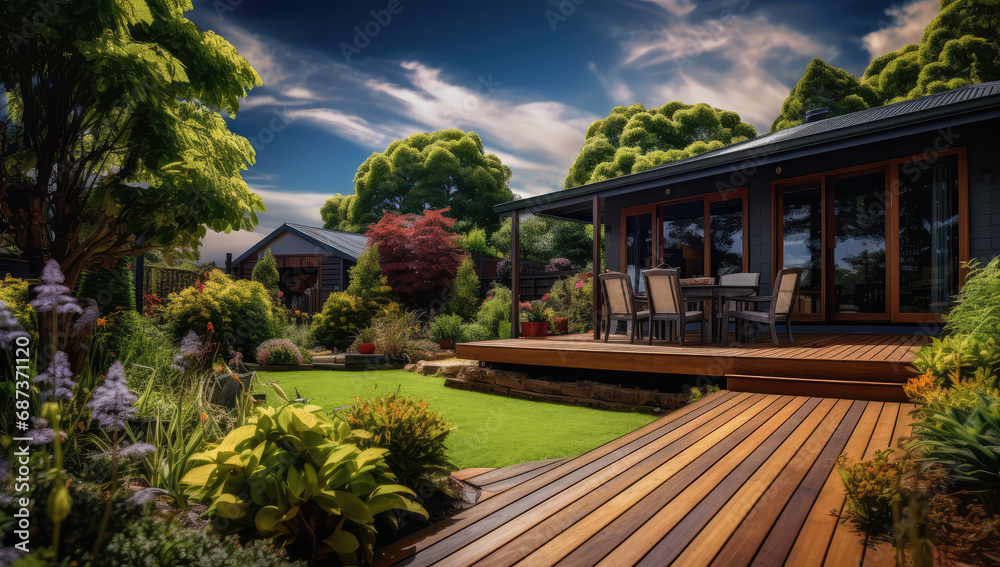 the backyard garden with a wooden deck, grassed area and a roof house