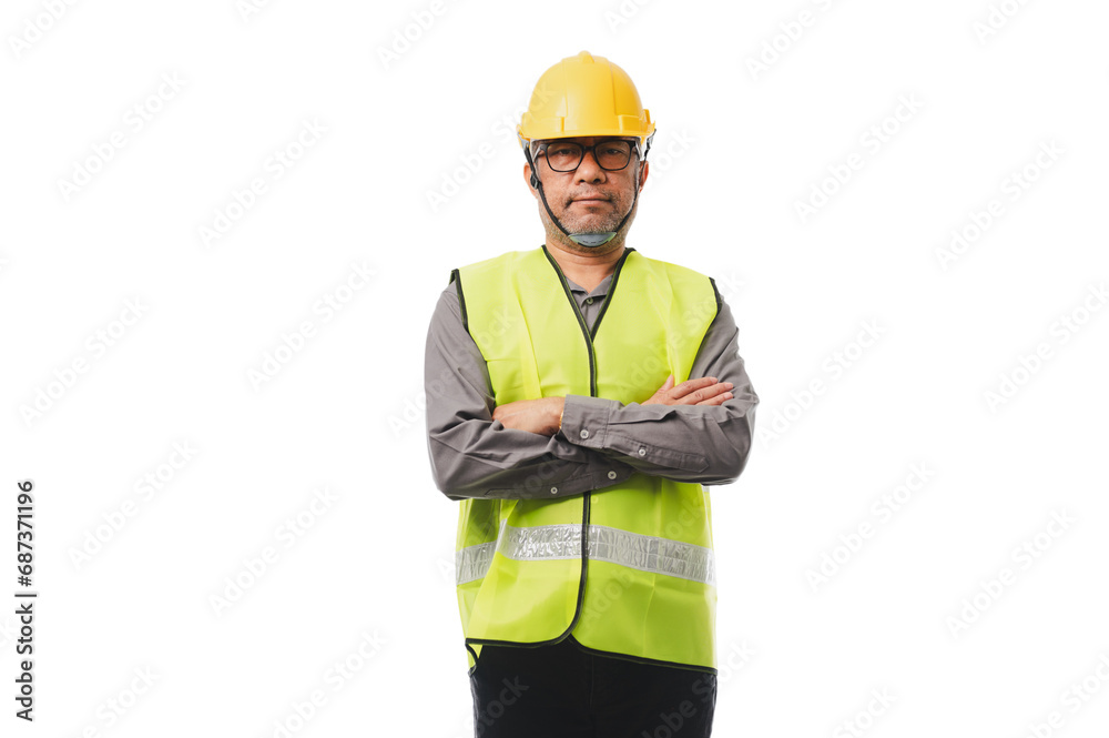 A handsome engineer professional, his face framed by a hardhat and his physique accentuated by a fitted waistcoat, meticulously inspects the progress of a construction project. transparent background A handsome engineer professional, his face framed by a hardhat and his physique accentuated by a fitted waistcoat, meticulously inspects the progress of a construction project. transparent background