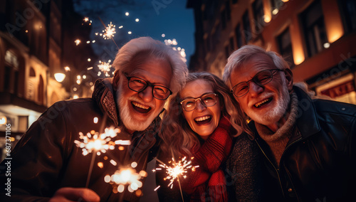  happy senior fridends holding sparklers at night
