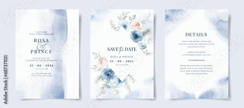 Beautiful set of wedding invitation card template with blue floral and leaves decoration. Winter theme