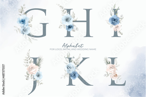 Floral Alphabet. Set letters with the blue floral and leaves. Vector illustration.