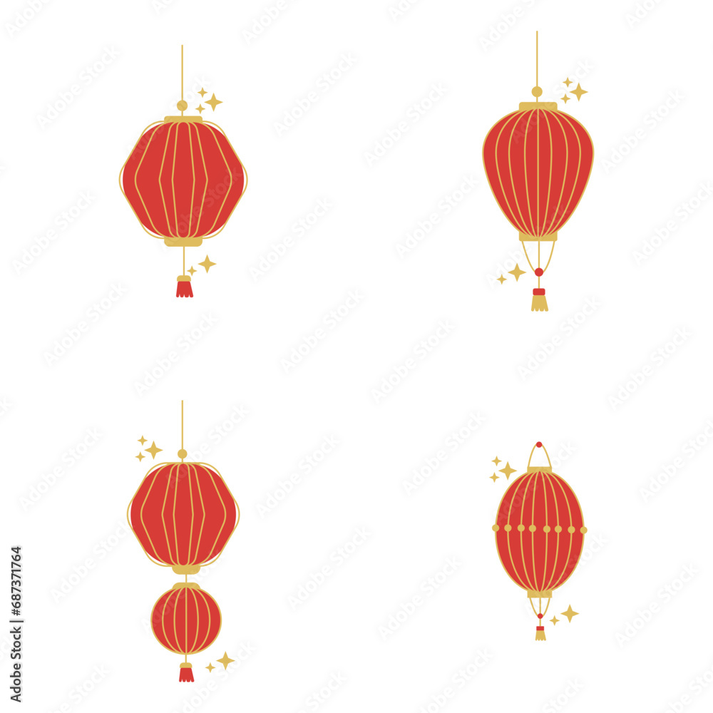 Set of Lantern Chinese New Year. With Different Shapes. Vector Illustration. 