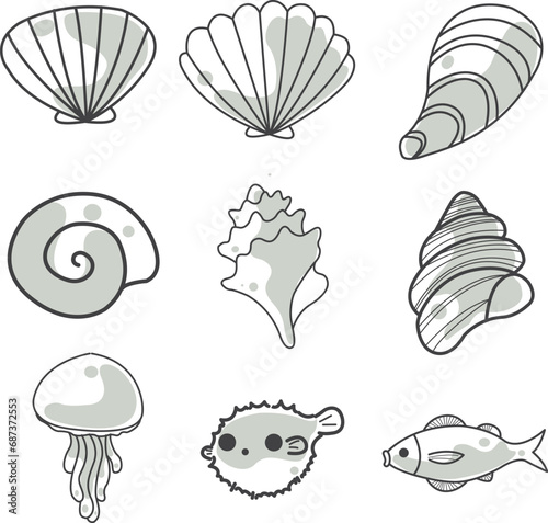 Abstract doodle marine life, seashell jellyfish and fish doodle illustration for decoration on coastal living and aquarium concept.