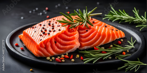 Fresh salmon pieces, pepper, rosemary leaves on stone plate on dark background.