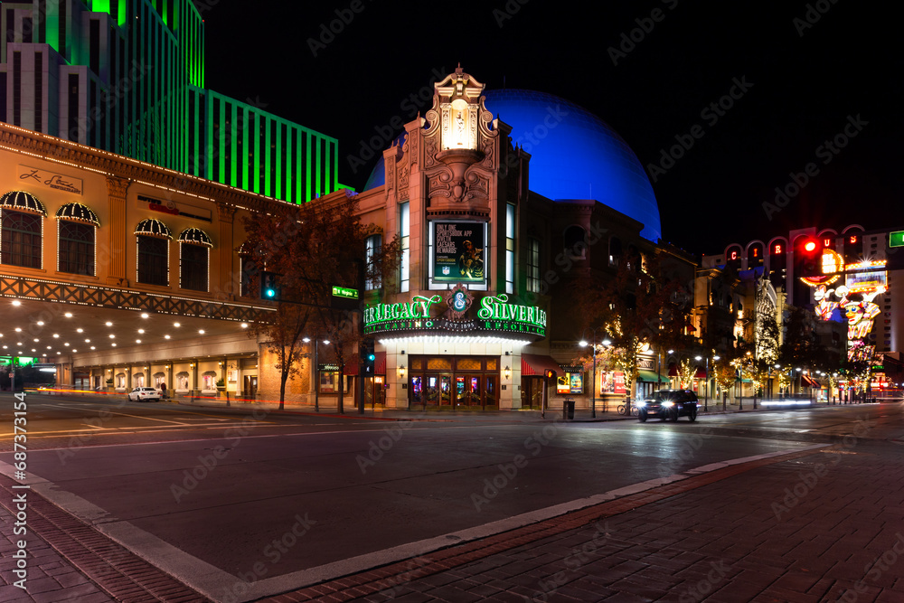 Silver Legacy Reno Silver Legacy Resort and Casino building illuminated at dusk in ...