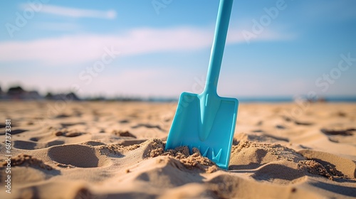 A Plastic toy shovel with a handle is stuck in the beach sand. In the background, you can see the sea. The weather is sunny. photo