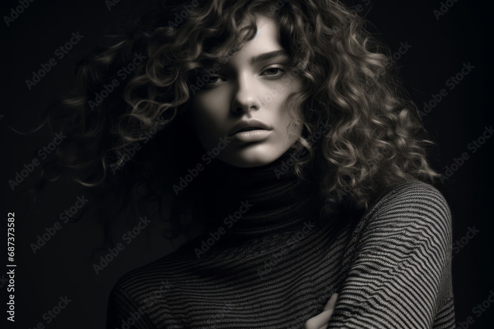70 mm shot depth of field minimalistic black and white, a top mix model mixed carabian look is standing and is holding on to her hands close up, in the style of hard surface modeling, fashion