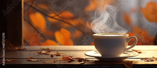 Autumn-themed closeup of a white teacup on a wooden table with raindrops on the window glass, surrounded by smoke and fallen leaves.