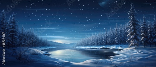 Tranquil winter landscape with snowy forest and river at night. Seasonal natural beauty.