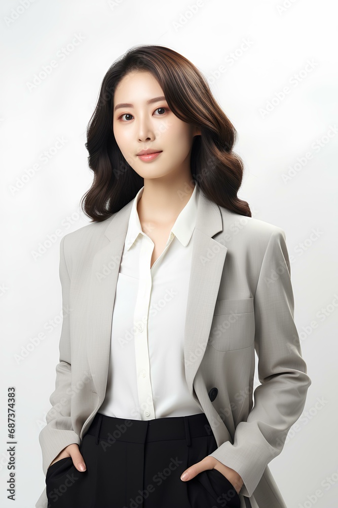 Korean Business Woman Standing in Confident Position, White Background. generative AI Korean Business Woman Standing in Confident Position, White Background. generative AI
