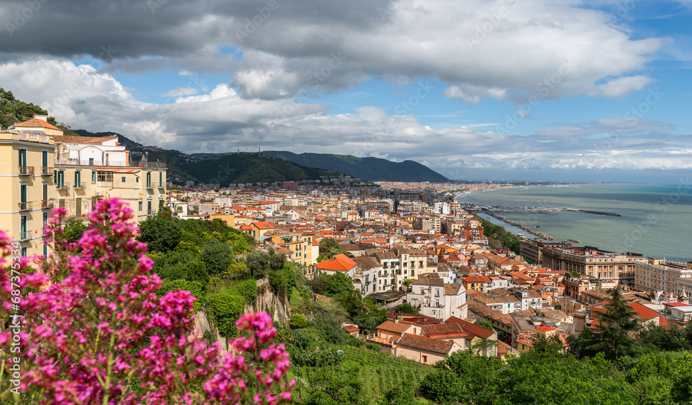 Fototapeta premium Aerial view of the Italian city of Salerno. Salerno is a city and port on the Tyrrhenian Sea in southern Italy, the administrative center of the Salerno province of the Campania region.