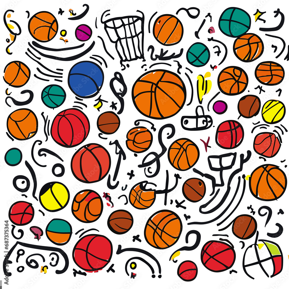 seamless pattern with basketball drawing by children artwork style childish drawn