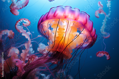 Orange and Pink Jellyfish with Blue Background © wendi