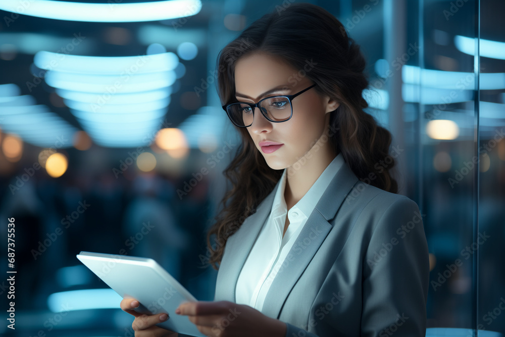 Business woman reading holding a tablet ipad in the office night scenery - obrazy, fototapety, plakaty 