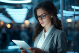 Business woman reading holding a tablet ipad in the office night scenery