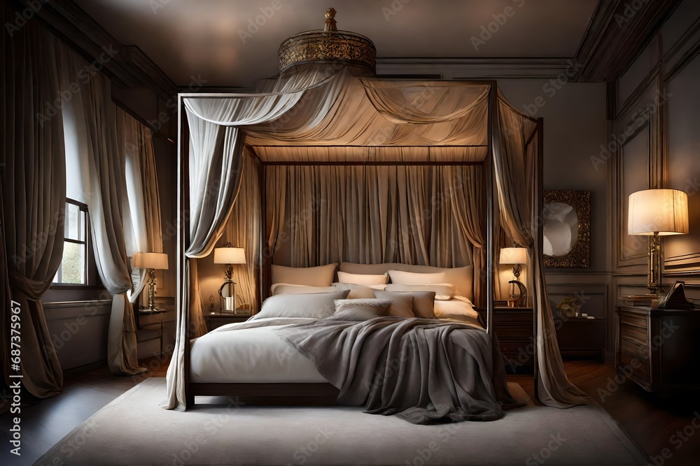 Fototapeta premium An elegant bedroom with a canopy bed, adorned with luxurious fabrics, and soft ambient lighting, creating a haven of comfort and sophistication.