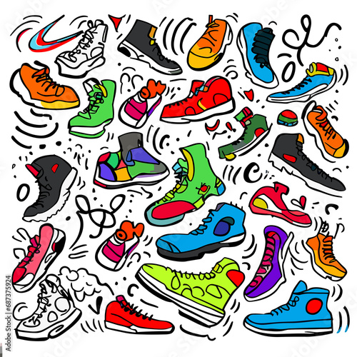 An imaginative illustration featuring children's drawings of sport shoes, bursting with vibrant colors and playful designs, creating a lively carnival of footwear creativity. Patern