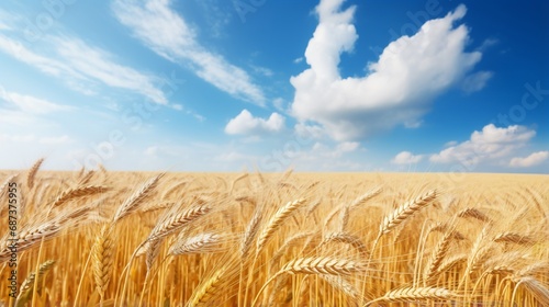 Golden wheat field and sunny day. Ripe ears of wheat before harvest. Sunny. Cloudy sky  Horizontal frame. Without people.