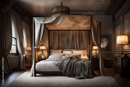 An elegant bedroom with a canopy bed, adorned with luxurious fabrics, and soft ambient lighting, creating a haven of comfort and sophistication.