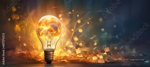 A business concept image with data and a light bulb inside against dark background, symbolizing innovation, creativity, and powerful ideas New ideas and innovation for business growth