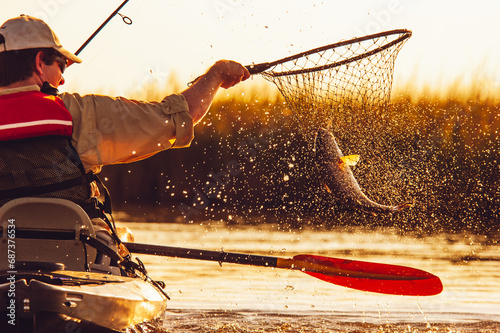 A man nets a redfish while fishing from a kayak in Bayou Thunder Von Tranc, Louisiana photo