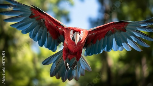 Green-winged Macaw, Ara chloropterus, 1 year old, flying in front of trees background