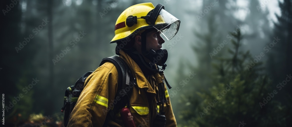 A firefighter dressing in a forest uniform at the fire station to protect against wildfires and serve the community, caring for nature.