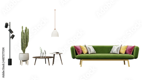 Modern interior furniture set 3D render. Livingroom house floor template room mockup design , isolated on transparent background photo