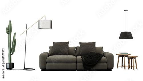 Modern interior furniture set 3D render. Livingroom house floor template room mockup design , isolated on transparent background