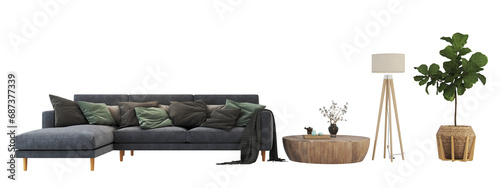 Modern interior furniture set 3D render. Livingroom house floor template room mockup design , isolated on transparent background