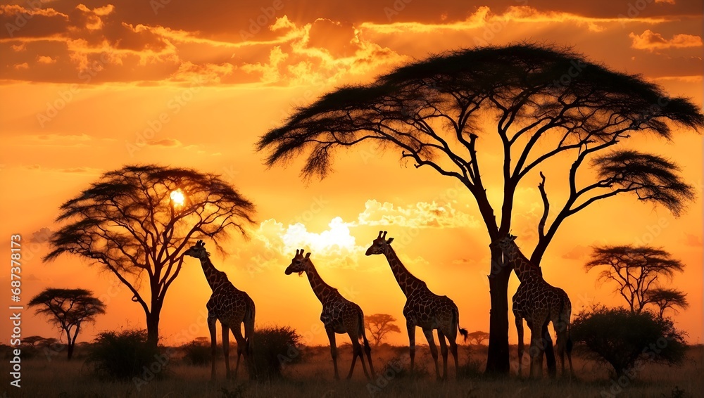 Silhouetted giraffes grazing against a vivid sunset, embodying the beauty of wildlife in the savannah