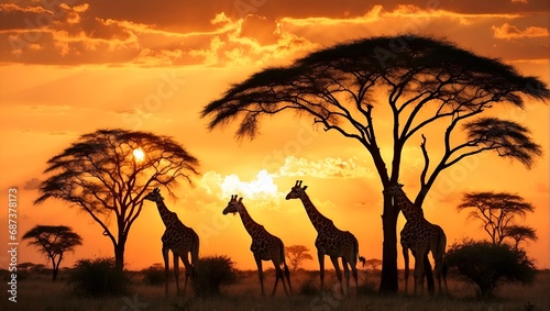 Silhouetted giraffes grazing against a vivid sunset  embodying the beauty of wildlife in the savannah