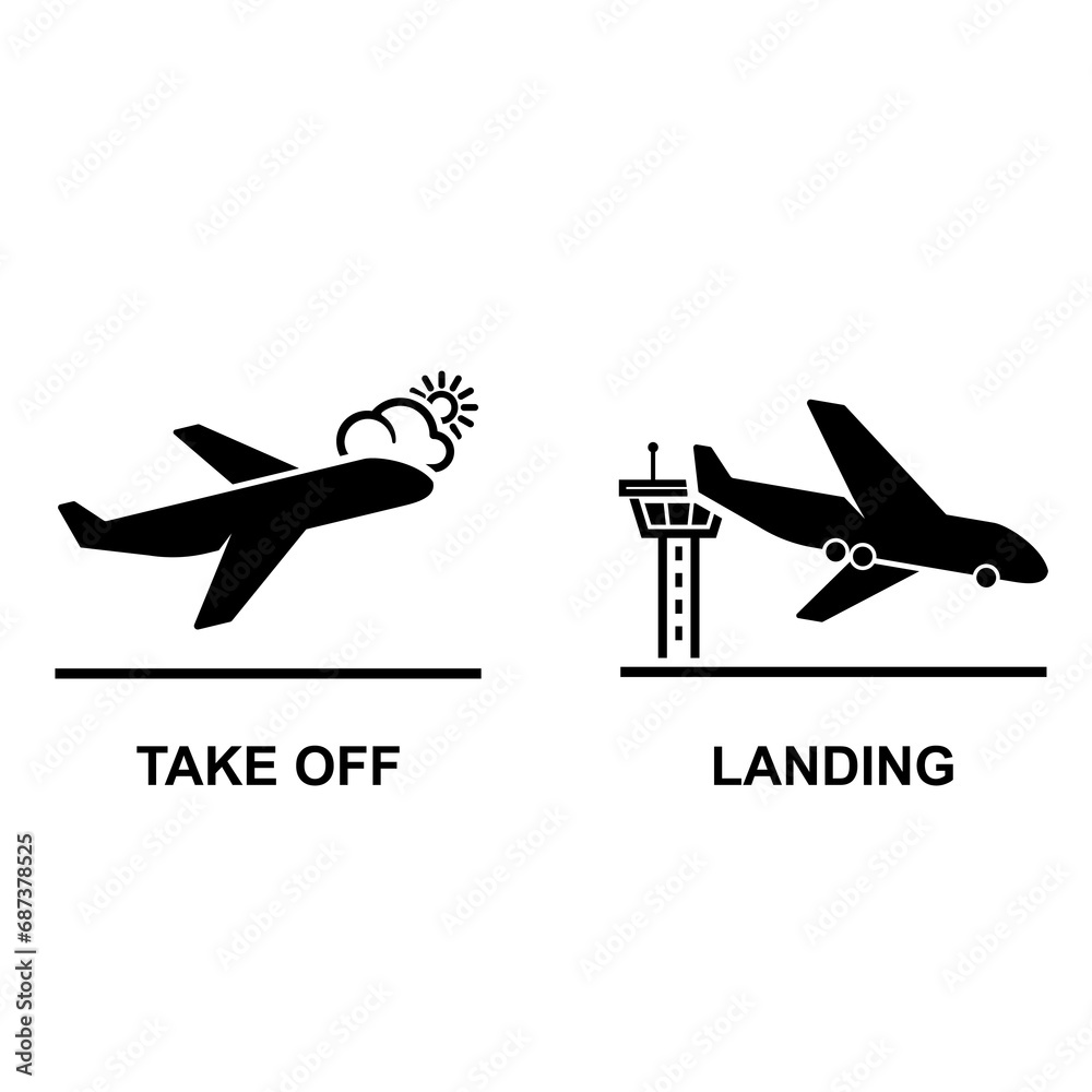 Take off and landing icon. Arrivals and departure plane icon isolated on background.