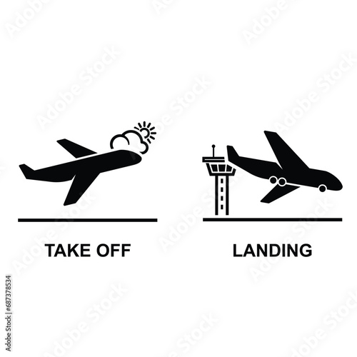 Take off and landing icon. Arrivals and departure plane icon isolated on background vector illustration.